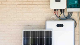 Voorbeeld van een thuisbatterij en daaronder een zonnepaneel.